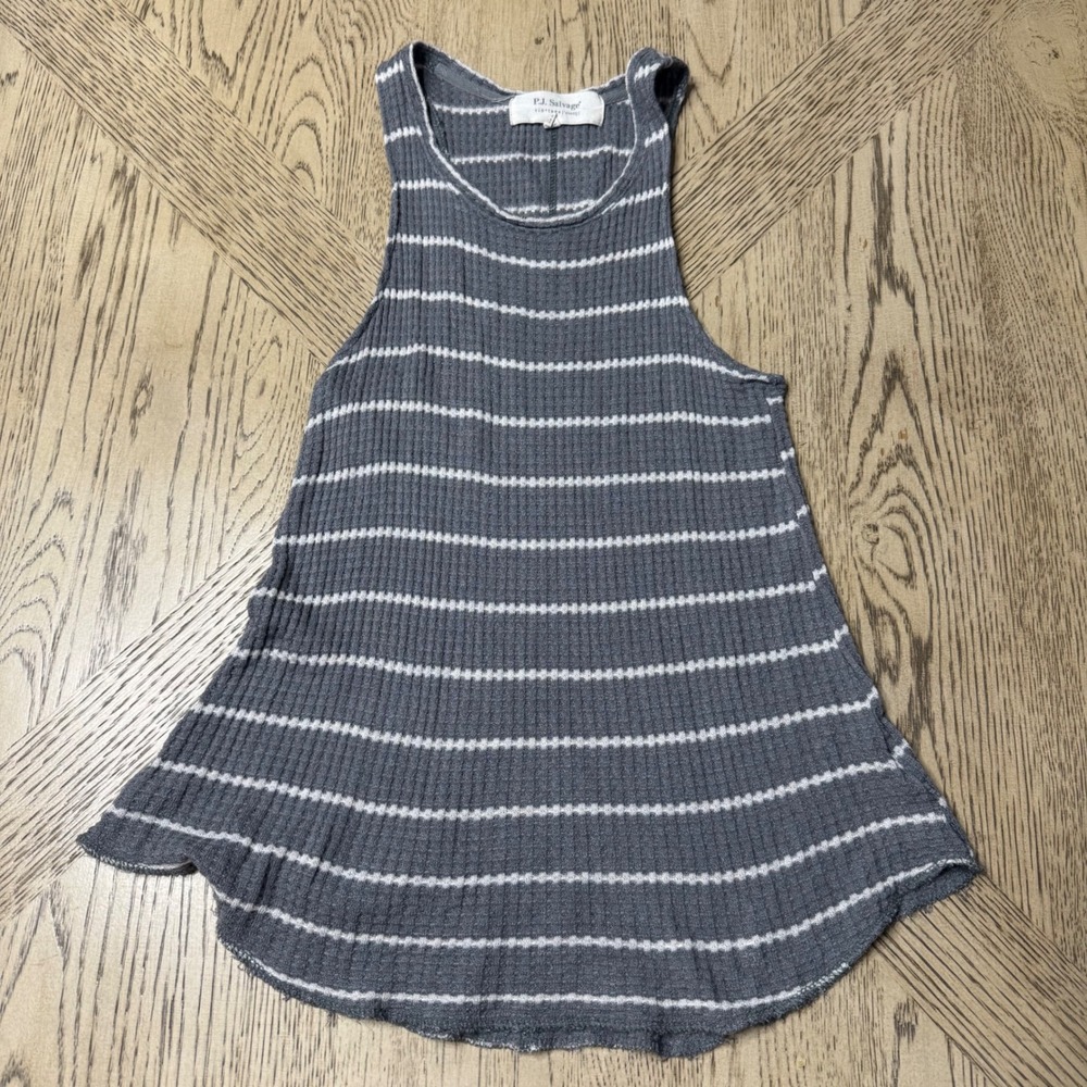 PJ Salvage Women's Size Small Gray White Stripe Ribbed‎ Racerback Tank Top